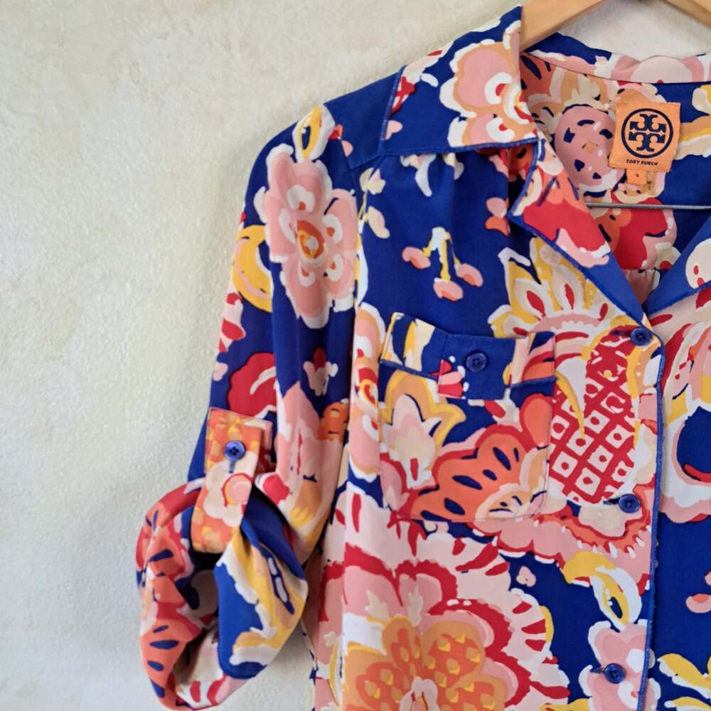 Tory Burch Silk Floral Roll Tab Blouse Top Size 4 Blue Pink Button Front - Picture 7 of 10